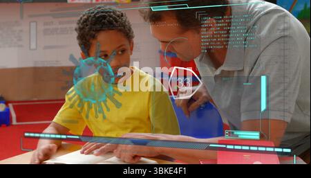 Guiding tutor and student reading open book at desk in classroom, showing holographic virus model Stock Photo