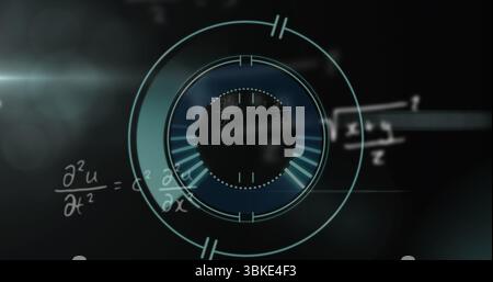 Animating central HUD interface in simulation, with teal rings, arcs, equations and lens flare Stock Photo