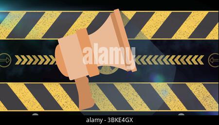 Showcasing large beige megaphone in digital design, with yellow black hazard stripes and chevrons Stock Photo