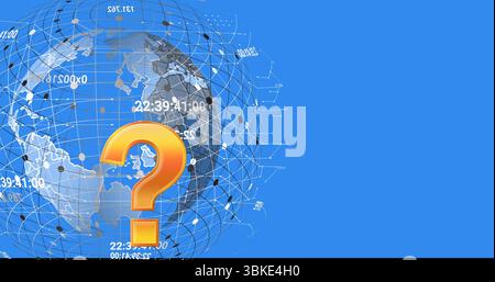 Rendering wireframe globe spinning on blue field, with orange question mark and codes, copy space Stock Photo