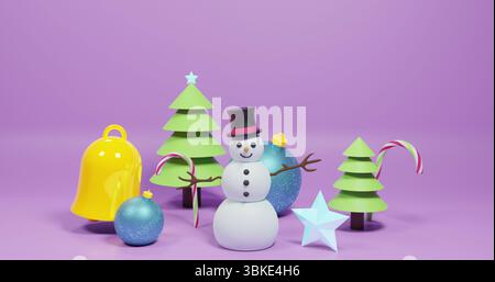 Standing cartoon snowman wearing top hat on lavender display, with trees, candy canes and baubles Stock Photo