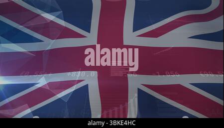Displaying Union Jack flag in dashboard, streaming numeric data, line graphs, bar charts Stock Photo