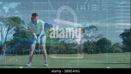 Positioning golfer wearing green polo, placing club over ball on golf fairway, with data overlays Stock Photo