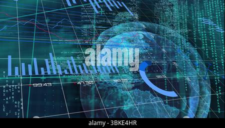 Displaying globe with 3D grid, bar charts and line graphs on analytics platform, streaming code Stock Photo