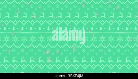 Showing holiday pattern on mint green field with reindeer, snowflakes, trees, baubles, and zigzags Stock Photo