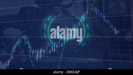 Displaying neon teal targeting HUD graphic over financial chart interface with rifle silhouette Stock Photo