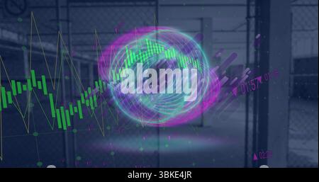 Floating holographic rings displaying bar chart line graph in fenced hall with magenta indicators Stock Photo