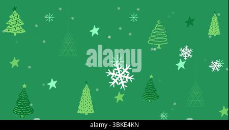 Displaying festive pattern on mid green background, with Christmas tree icons, snowflakes and stars Stock Photo