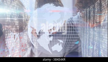 Collaborating professionals analyzing floating wireframe globe in conference room, with binary code Stock Photo