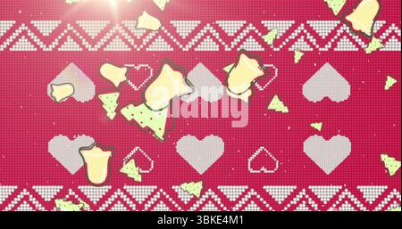 Displaying red knit pattern on digital art, with white hearts, yellow shards, zigzag and lens-flare Stock Photo