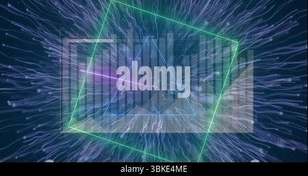 Rotating 3D bar chart with neon square outline, blue line, streams, magenta beam in virtual space Stock Photo