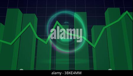 Displaying glowing battery icon showing energy data on dark dashboard with 3D bars and neon graph Stock Photo