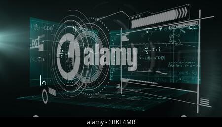 Floating holographic panels showing rotating HUD element in virtual space, with code, equations Stock Photo