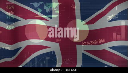 Displaying digital Union Jack flag covering virtual finance dashboard, with pie charts, bar graphs Stock Photo