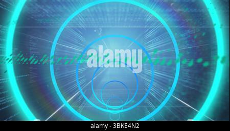 Expanding concentric circles on UI with green data stream, radial light beams, scrolling code Stock Photo