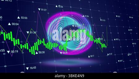 Displaying neon spiral torus with charts in digital 3D grid, with timestamp and data markers Stock Photo