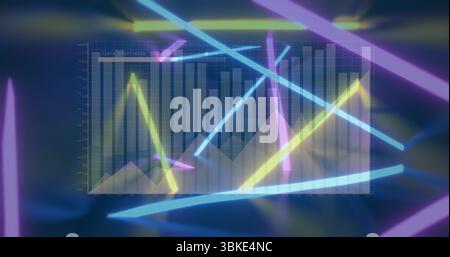Floating holographic data panel displaying bar and line charts on virtual stage, with neon beams Stock Photo