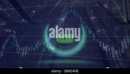 Showing neon ring with green lock icon floating in lobby with candlestick chart, escalator rails Stock Photo