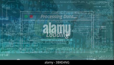 Displaying UI window showing processing data loading on screen, with overlaid code, circuit motif Stock Photo