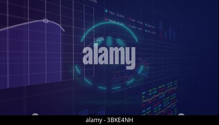 Displaying glowing neon circular HUD interface in virtual dashboard, with transparent data panels Stock Photo