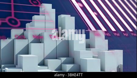 Displaying white 3D cube pyramid rising in digital render with circuit lines, bar chart data Stock Photo