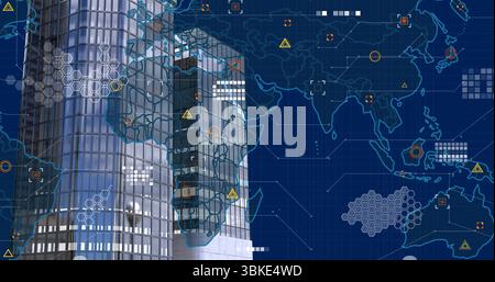 Displaying pair of glass skyscraper towers rising on digital grid world map overlay, copy space Stock Photo