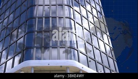 Showing reflective glass facade dotted world map, metal beams, blue grid, globe outline outside Stock Photo