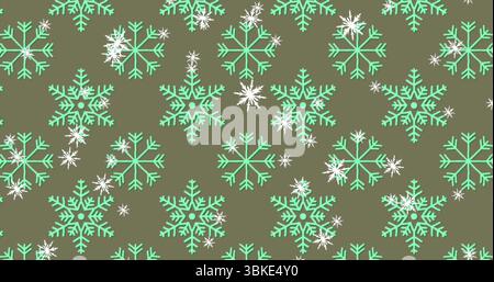 Displaying repeating mint green snowflake motifs and smaller white snowflakes on olive green fabric Stock Photo
