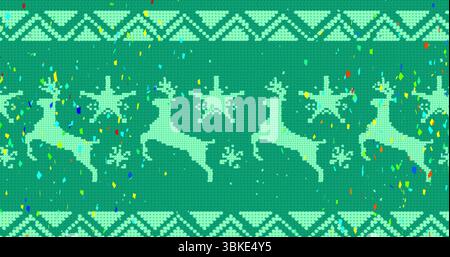 Displaying mint-green reindeer silhouettes, snowflake star motifs and zigzag bands on green pattern Stock Photo