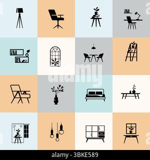 Furniture Icon Set with Minimal Color Grid Stock Vector