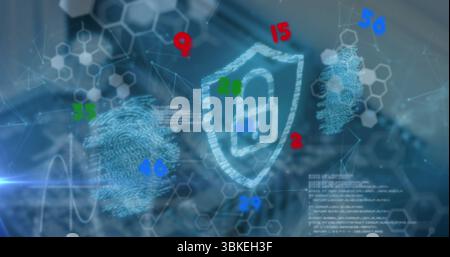 Displaying holographic shield with padlock over office desk with fingerprint scans and network grid Stock Photo