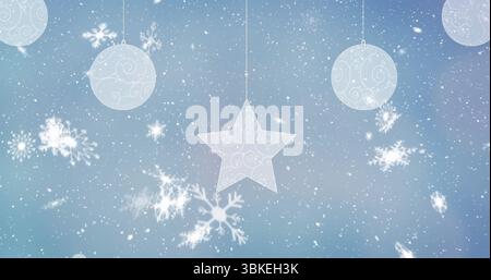 Drifting star and sphere swirl ornaments floating over blue gradient backdrop, falling snowflakes Stock Photo