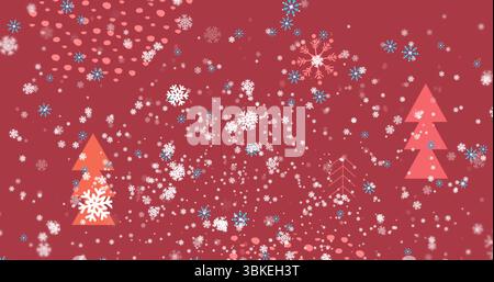 Falling snowflakes dancing over red digital background, featuring pink tree shapes and pastel dots Stock Photo