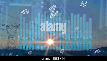 Displaying G1 to G24 bar chart rising over pylons on outskirts, with sun flare, floating letters Stock Photo