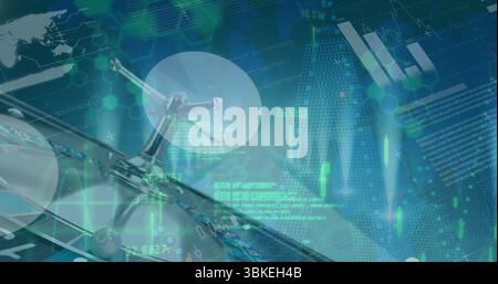 Displaying metallic node structure rotating within virtual network interface, with candlesticks Stock Photo