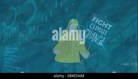Faceless figure wearing yellow raincoat holding protest sign on digital grid, with data overlays Stock Photo