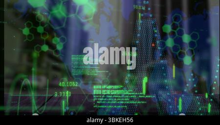 Displaying world map and network on office desk, with floating numerical data and candlestick chart Stock Photo
