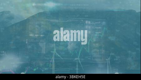 Displaying wind turbines overlaying mountain ridge showing holographic globe and green line charts Stock Photo