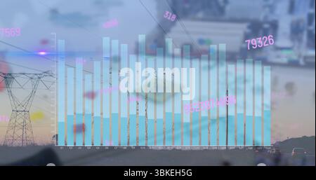 Displaying digital bar chart overlay spanning highway, with steel tower, wind turbines, vehicles Stock Photo