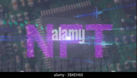 Floating purple NFT letters over blurred circuit board, with binary code, waveforms, lens flare Stock Photo