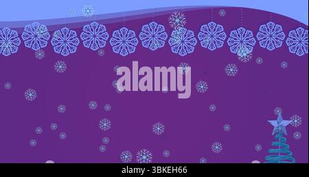 Featuring teal spiral tree with star rising on right purple gradient, snowflake motifs, copy space Stock Photo