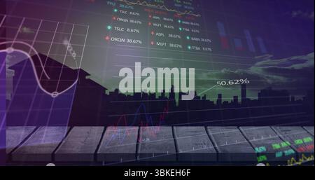 Displaying silhouetted city skyline overlaying line and bar charts on rooftop deck with tickers Stock Photo