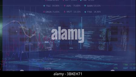 Floating holographic panels displaying live financial data in interface, with line charts and nodes Stock Photo