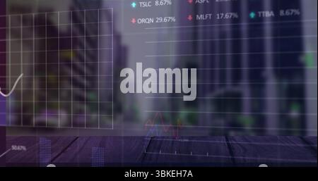 Displaying transparent financial overlay over urban street scene with wood tabletop and data labels Stock Photo