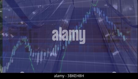 Moving escalators ascending to upper floor in office lobby, with overlaid candlestick chart Stock Photo
