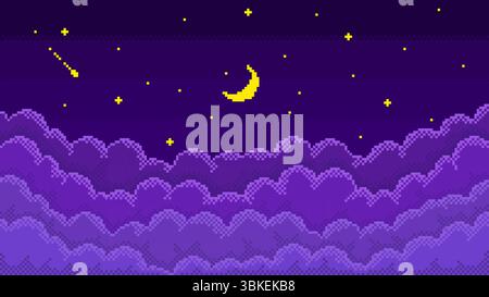 Pixel art starry night sky. Pixelated cloudy skyscape with 8 bit shiny twinkling stars, new moon and layered bitmap clouds, retro video game style Stock Vector