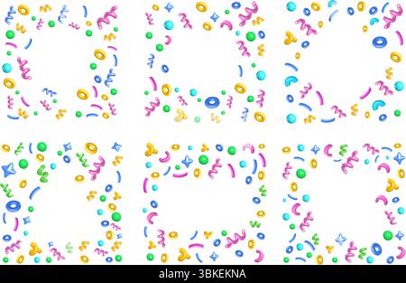 Party frames with 3D confetti. Festive celebration borders with scattered 3D shapes of swirl streamers, circles and spark stars. Decorative square Stock Vector