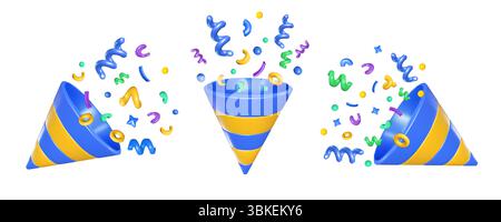 Party popper 3d icon. Birthday confetti explosion from striped cone shape, celebration symbol for congratulation or holiday event designs. Isolated Stock Vector