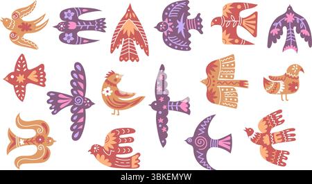Birds with folk ornaments. Scandinavian dove silhouettes decorated with flowers, branches and abstract patterns. Flying swallow bird floral designs Stock Vector
