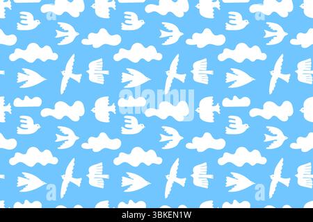 Flying birds seamless pattern. Cloudy blue sky with bird silhouettes, minimalism style dove and swallow with abstract cloud shapes. Textile print Stock Vector